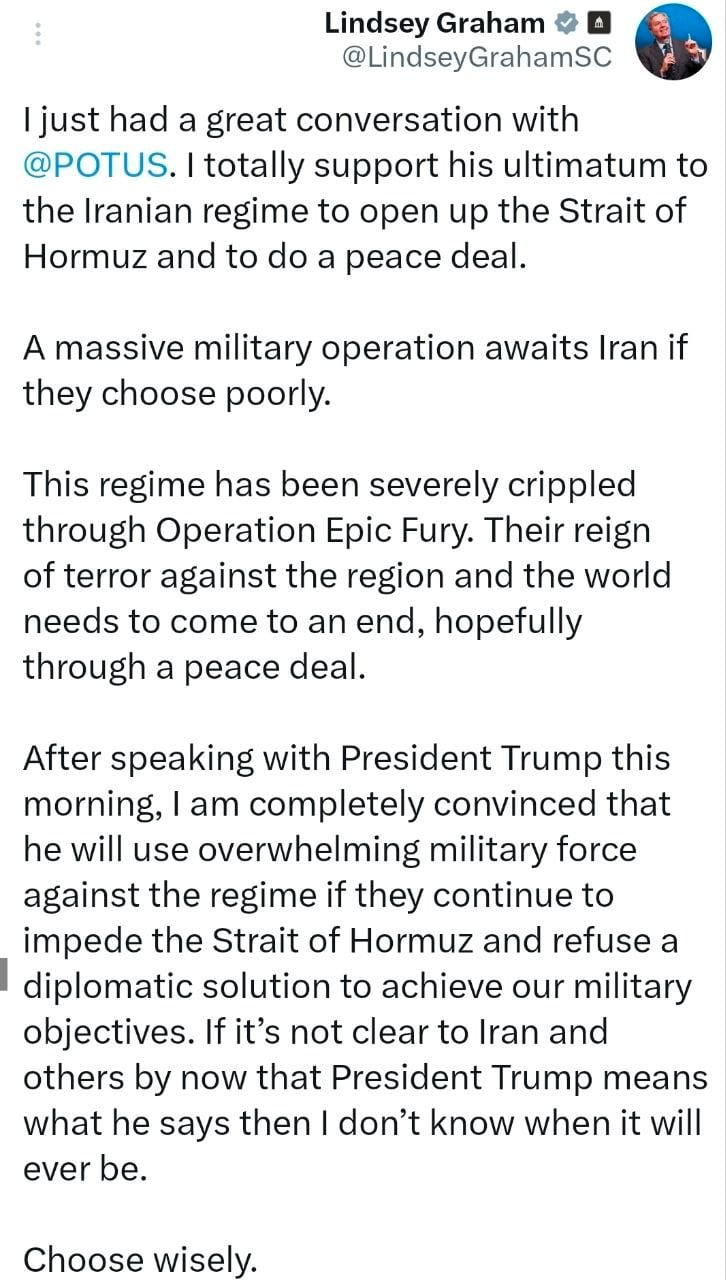 הסנאטור הרפובליקני לינדזי גרהאם על ההודעה האחרונה של הנשיא טראמפ בדבר 48 השעות שנותרו לאולטימטום שהציב לאיראן: - אבו עלי אקספרס