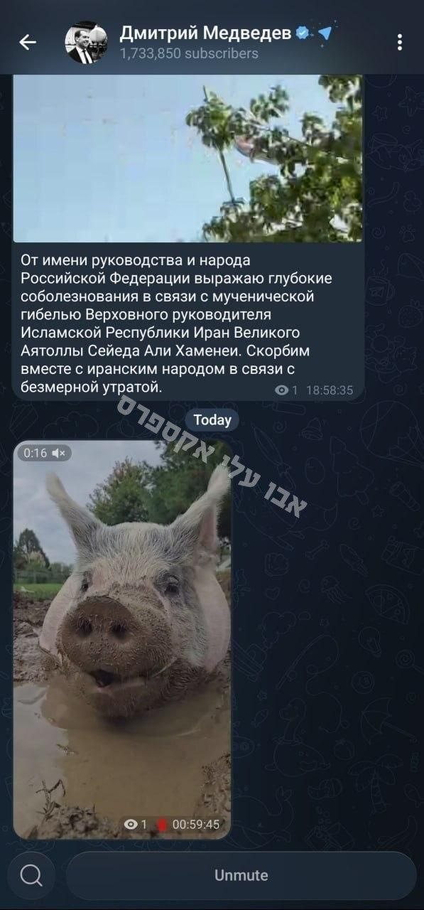 דמיטרי מדבדב, סגן נשיא מועצת הביטחון של רוסיה, שהיה הנציג הרוסי הבכיר בהלוויה של ח'אמינאי בטהרן, פרסם אתמול בערוץ הטלגרם שלו תנחומים לעם האיראני על מותו של ח'אמינאי. - אבו עלי אקספרס